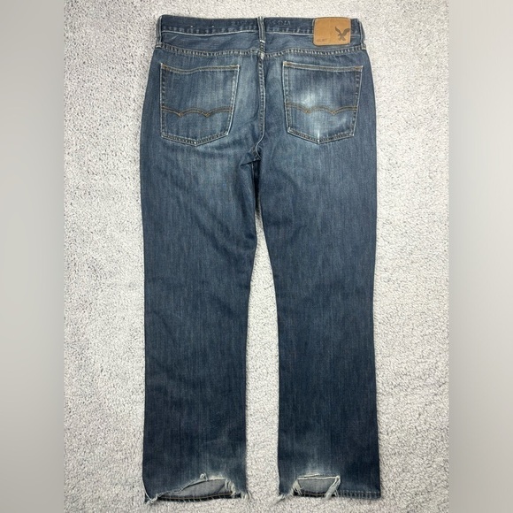 American Eagle Jeans Mens 34 x 32 Original Straight Cotton Dark Distressed Holes - Picture 4 of 6